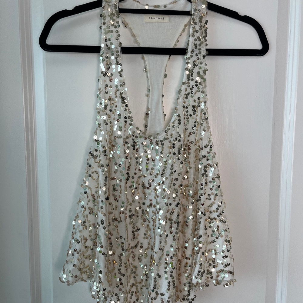 Phanuel White & Gold Sequin Tank Top – Size S